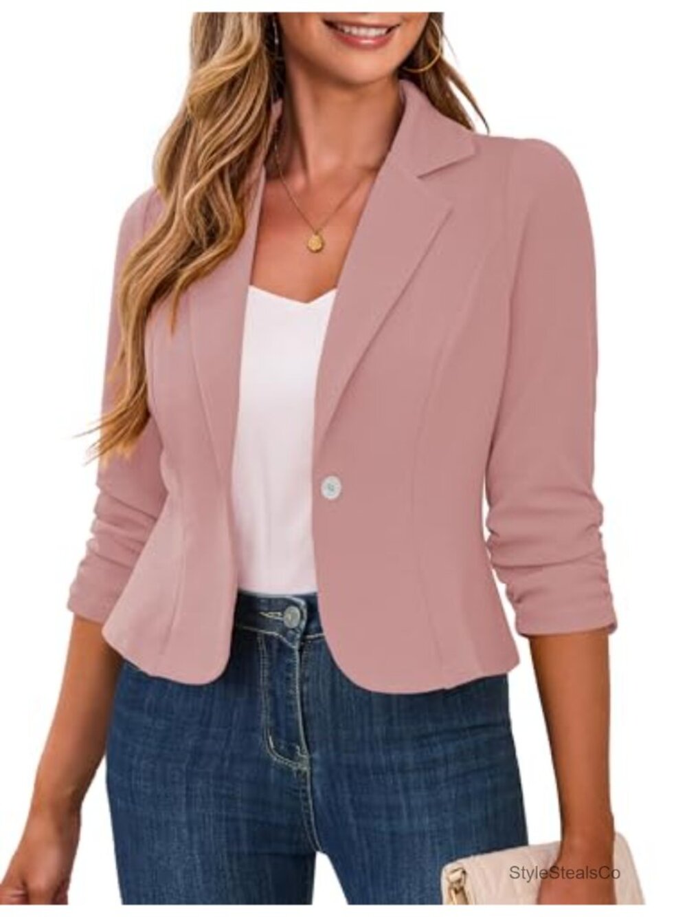 Cropped Blazer 3/4 Ruched Sleeve Business Casual Blazer